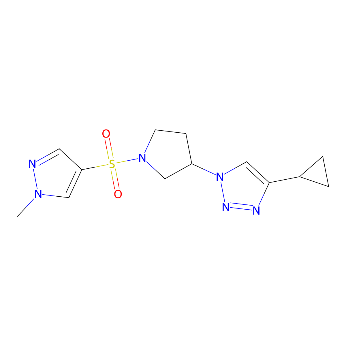 4-cyclopropyl-1-(1-((1-methyl-1H-pyrazol-4-yl)sulfonyl)pyrrolidin-3-yl)-1H-1,2,3-triazole molecular structure, CAS 2034613-54-0