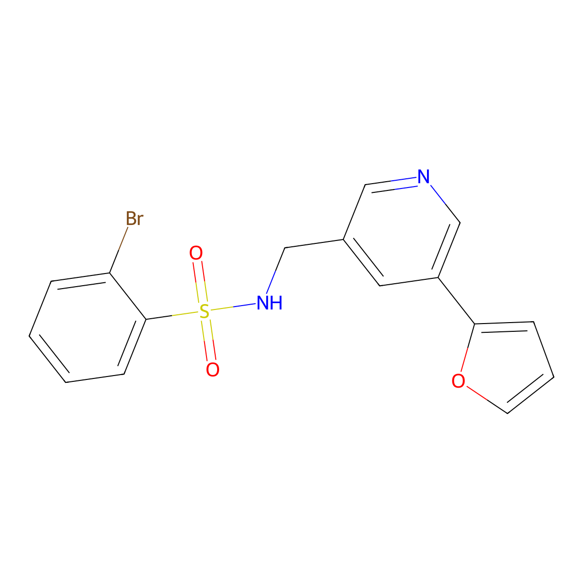 2-bromo-N-((5-(furan-2-yl)pyridin-3-yl)methyl)benzenesulfonamide molecular structure, CAS 2034613-67-5