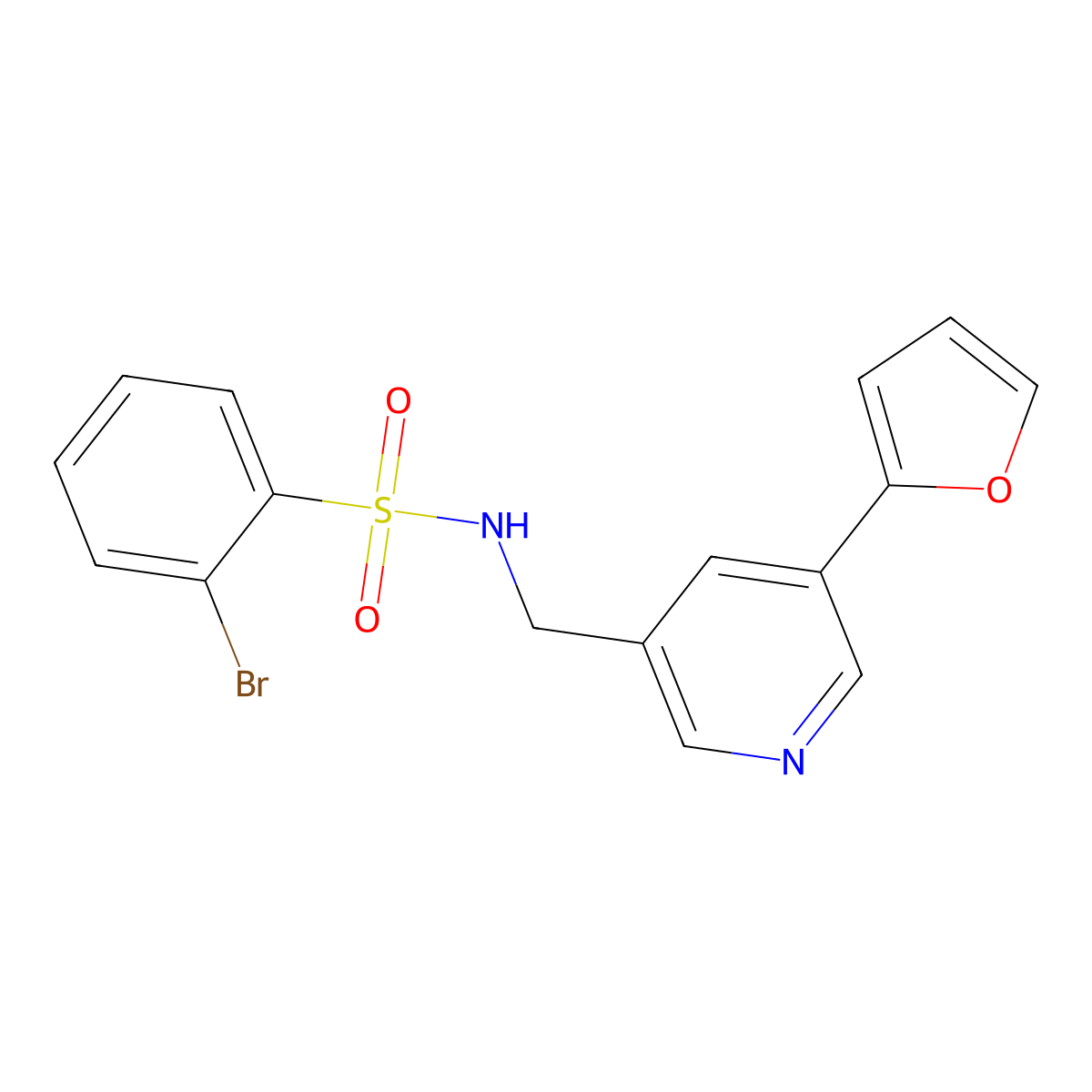2-bromo-N-((5-(furan-2-yl)pyridin-3-yl)methyl)benzenesulfonamide molecular structure, CAS 2034613-67-5