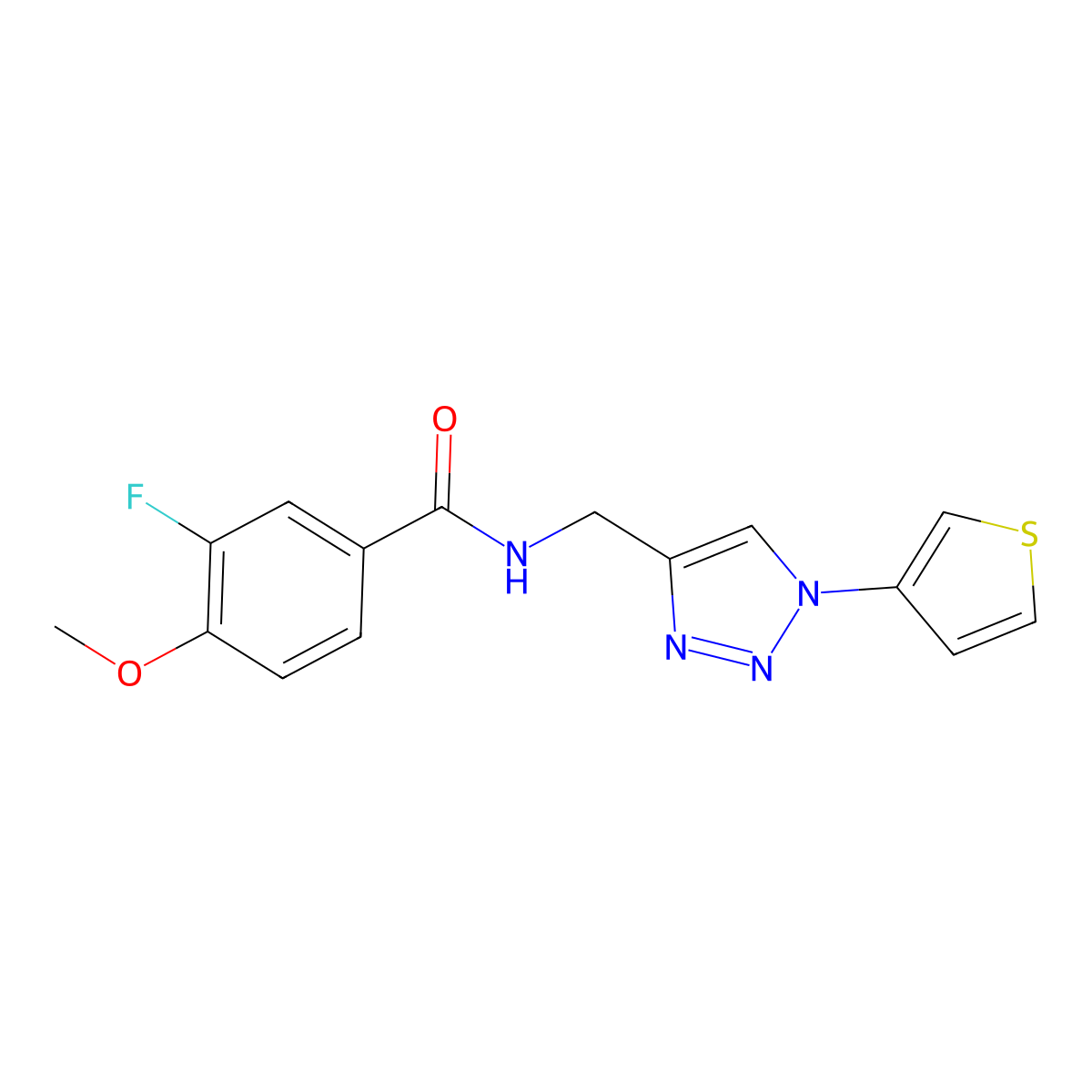 3-fluoro-4-methoxy-N-{[1-(thiophen-3-yl)-1H-1,2,3-triazol-4-yl]methyl}benzamide molecular structure, CAS 2034613-68-6
