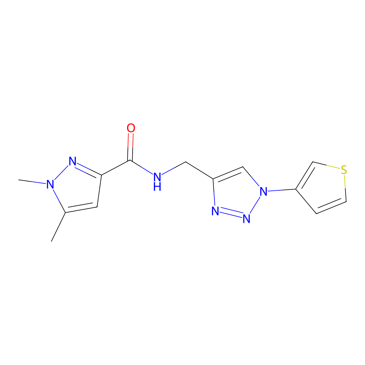 1,5-dimethyl-N-((1-(thiophen-3-yl)-1H-1,2,3-triazol-4-yl)methyl)-1H-pyrazole-3-carboxamide molecular structure, CAS 2034613-75-5