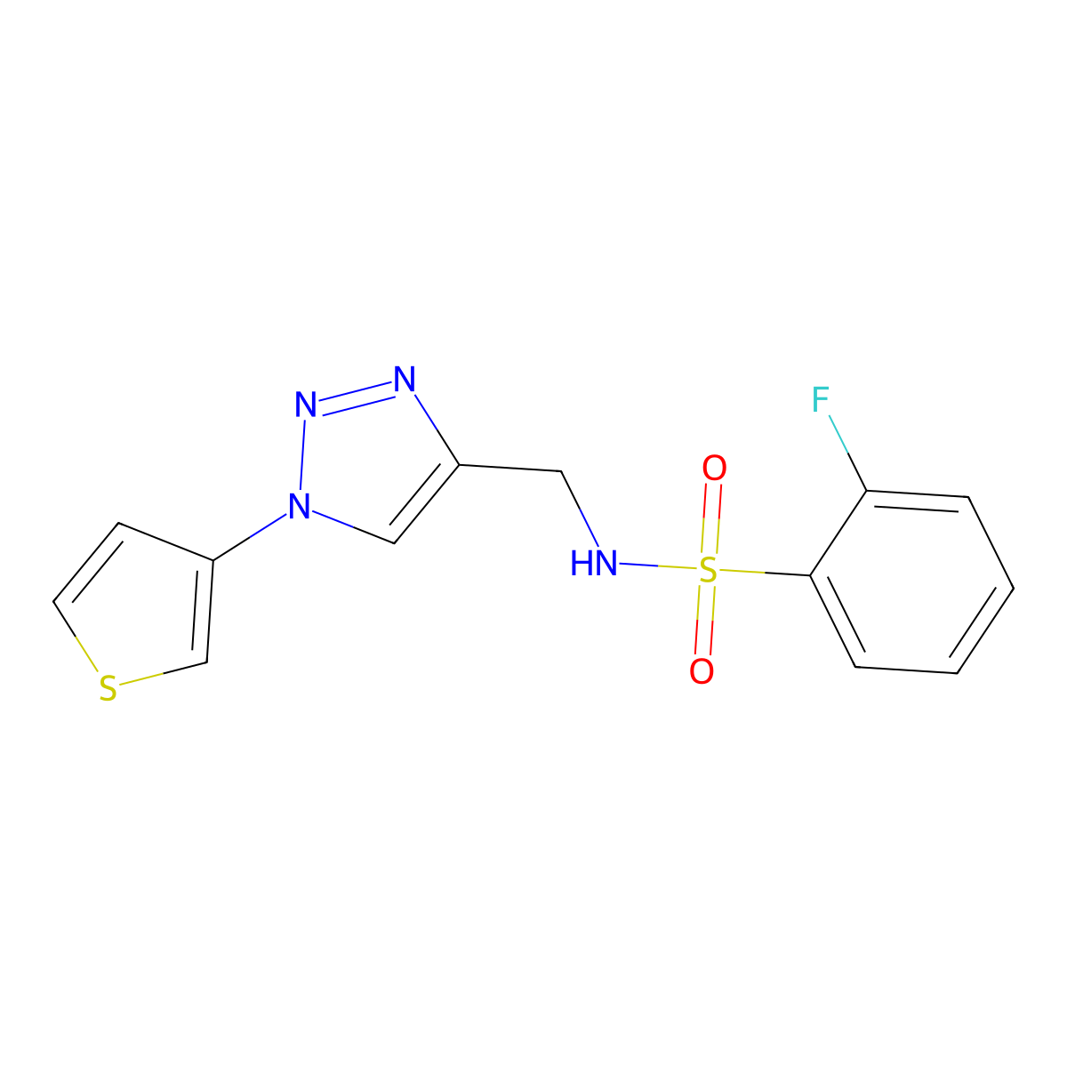 2-fluoro-N-((1-(thiophen-3-yl)-1H-1,2,3-triazol-4-yl)methyl)benzenesulfonamide molecular structure, CAS 2034613-82-4