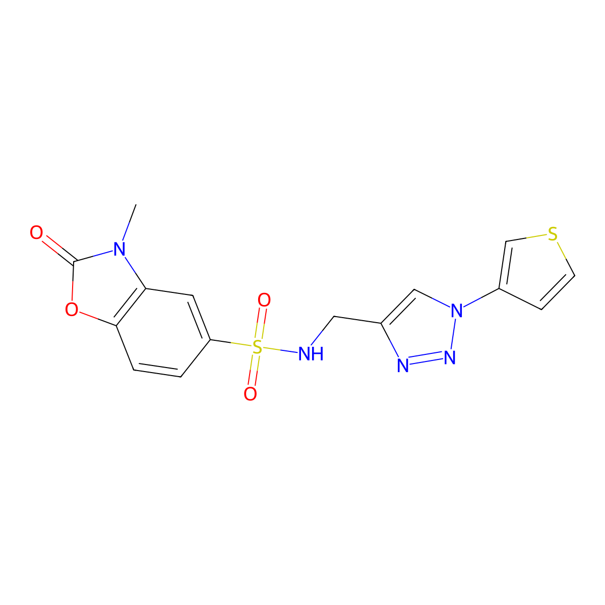 3-methyl-2-oxo-N-((1-(thiophen-3-yl)-1H-1,2,3-triazol-4-yl)methyl)-2,3-dihydrobenzo[d]oxazole-5-sulfonamide molecular structure, CAS 2034613-87-9