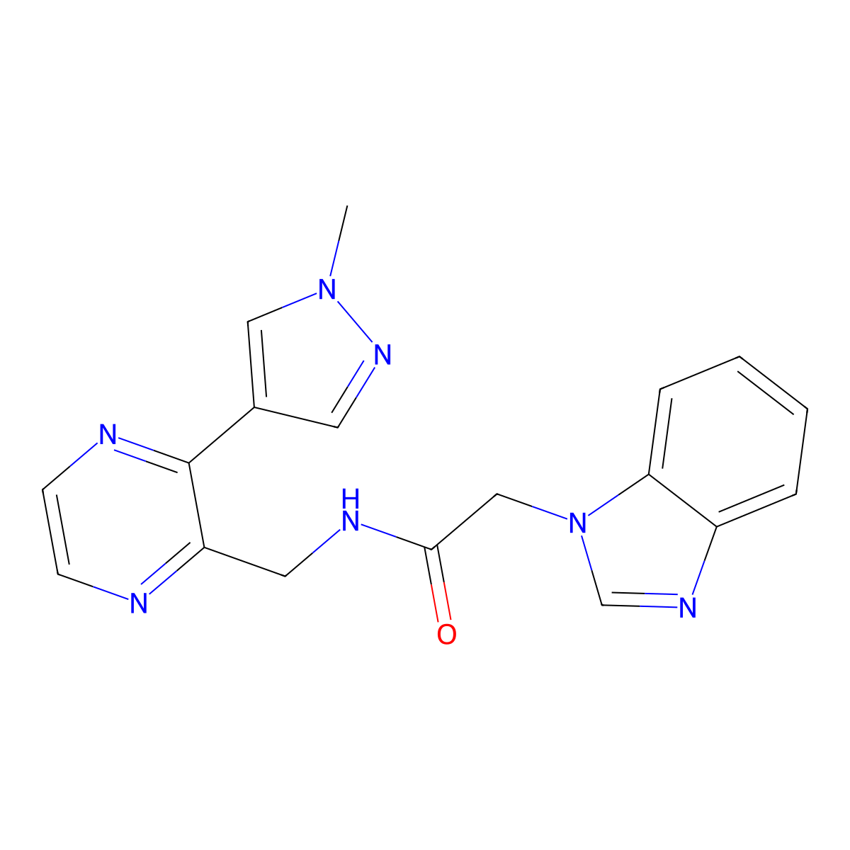 2-(1H-benzo[d]imidazol-1-yl)-N-((3-(1-methyl-1H-pyrazol-4-yl)pyrazin-2-yl)methyl)acetamide molecular structure, CAS 2034613-90-4