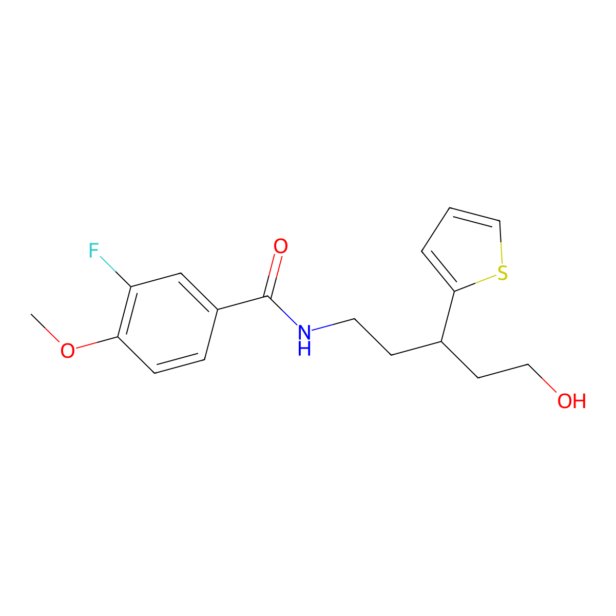 3-fluoro-N-(5-hydroxy-3-(thiophen-2-yl)pentyl)-4-methoxybenzamide molecular structure, CAS 2034613-95-9