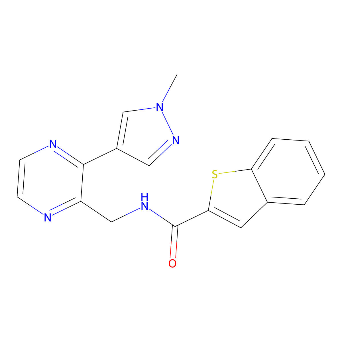 N-((3-(1-methyl-1H-pyrazol-4-yl)pyrazin-2-yl)methyl)benzo[b]thiophene-2-carboxamide molecular structure, CAS 2034614-00-9