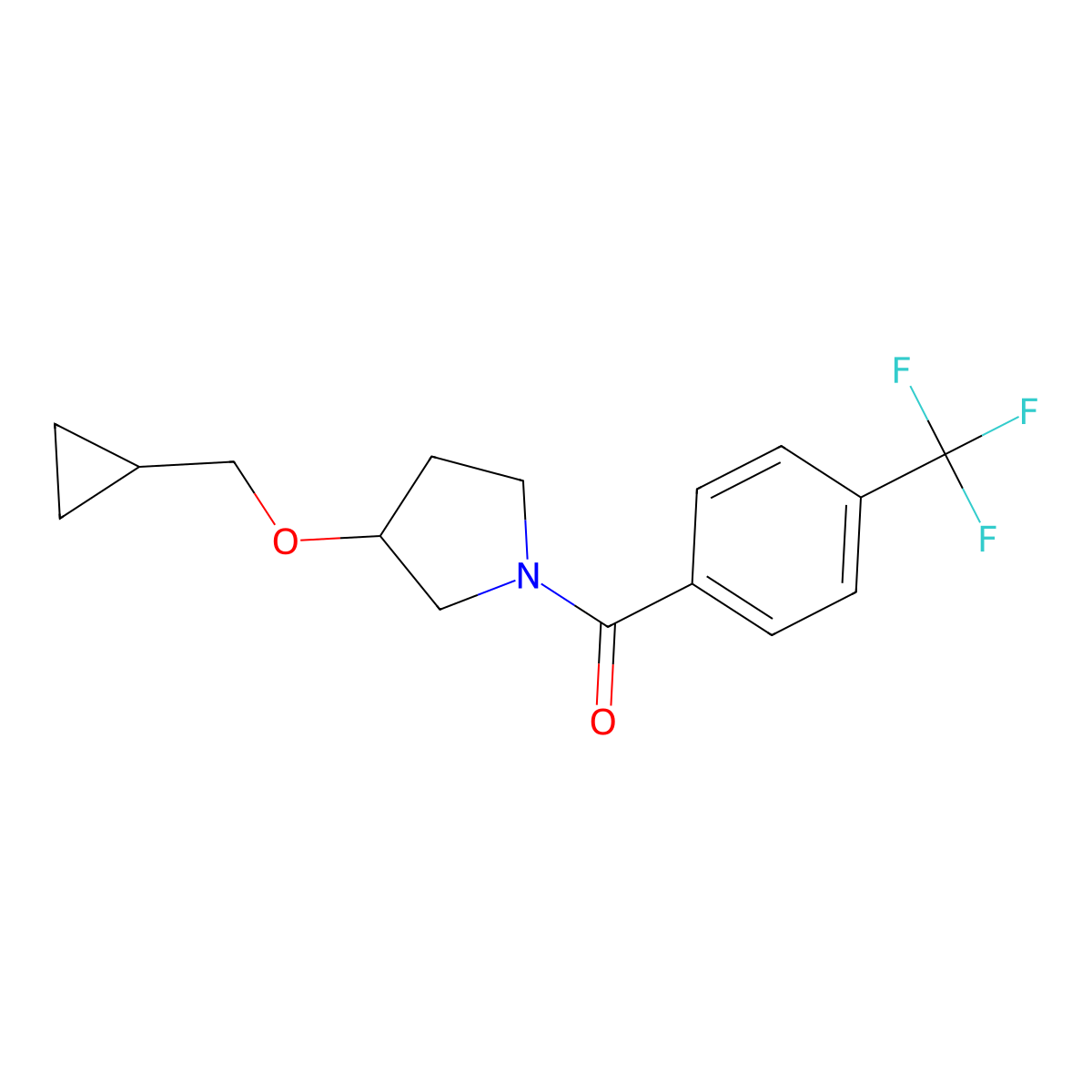 (3-(Cyclopropylmethoxy)pyrrolidin-1-yl)(4-(trifluoromethyl)phenyl)methanone molecular structure, CAS 2034614-05-4