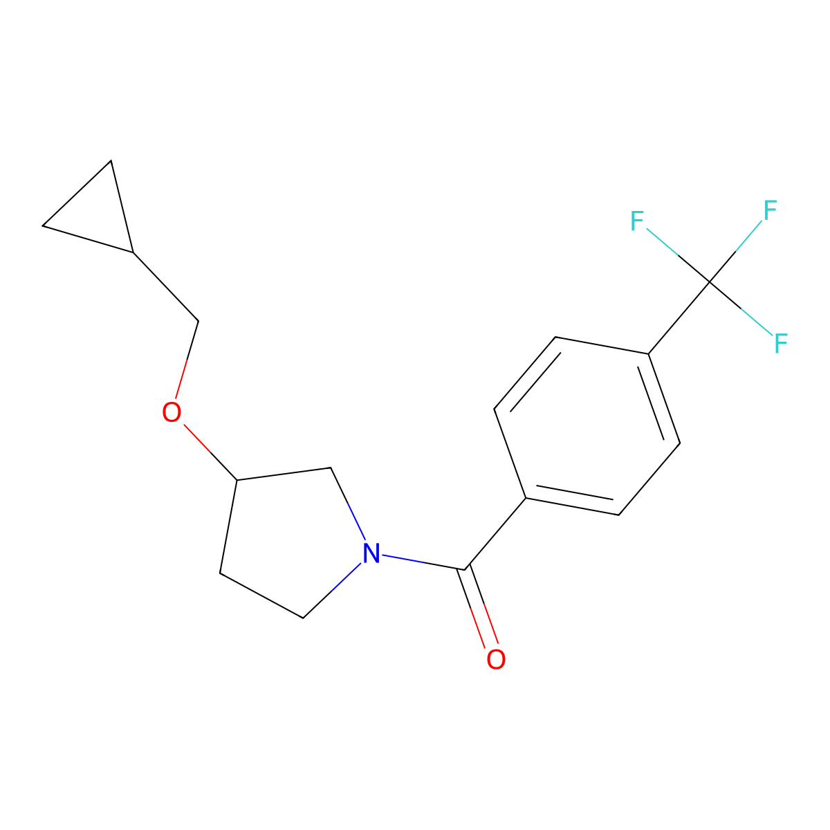 (3-(Cyclopropylmethoxy)pyrrolidin-1-yl)(4-(trifluoromethyl)phenyl)methanone molecular structure, CAS 2034614-05-4
