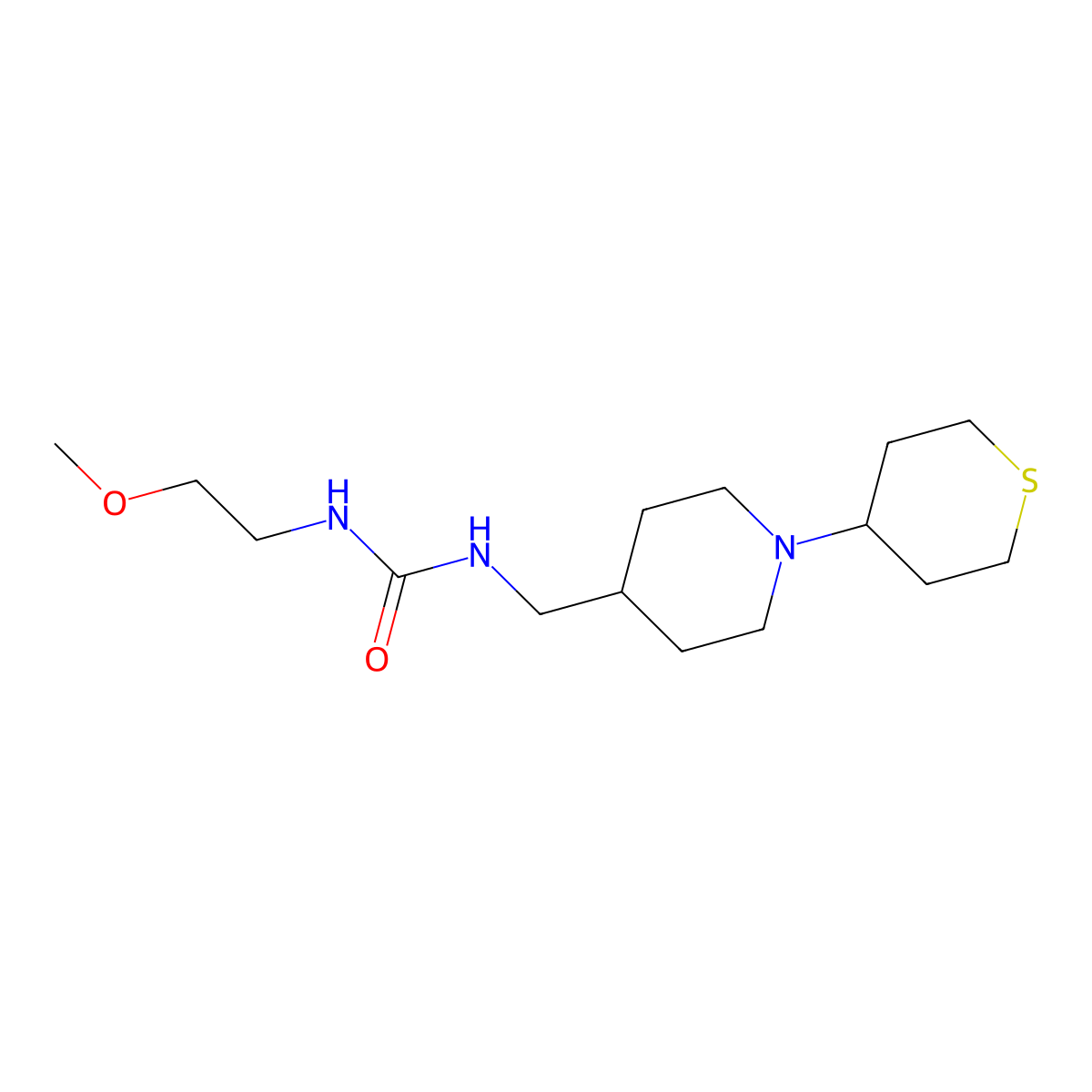 1-(2-methoxyethyl)-3-((1-(tetrahydro-2H-thiopyran-4-yl)piperidin-4-yl)methyl)urea molecular structure, CAS 2034614-07-6