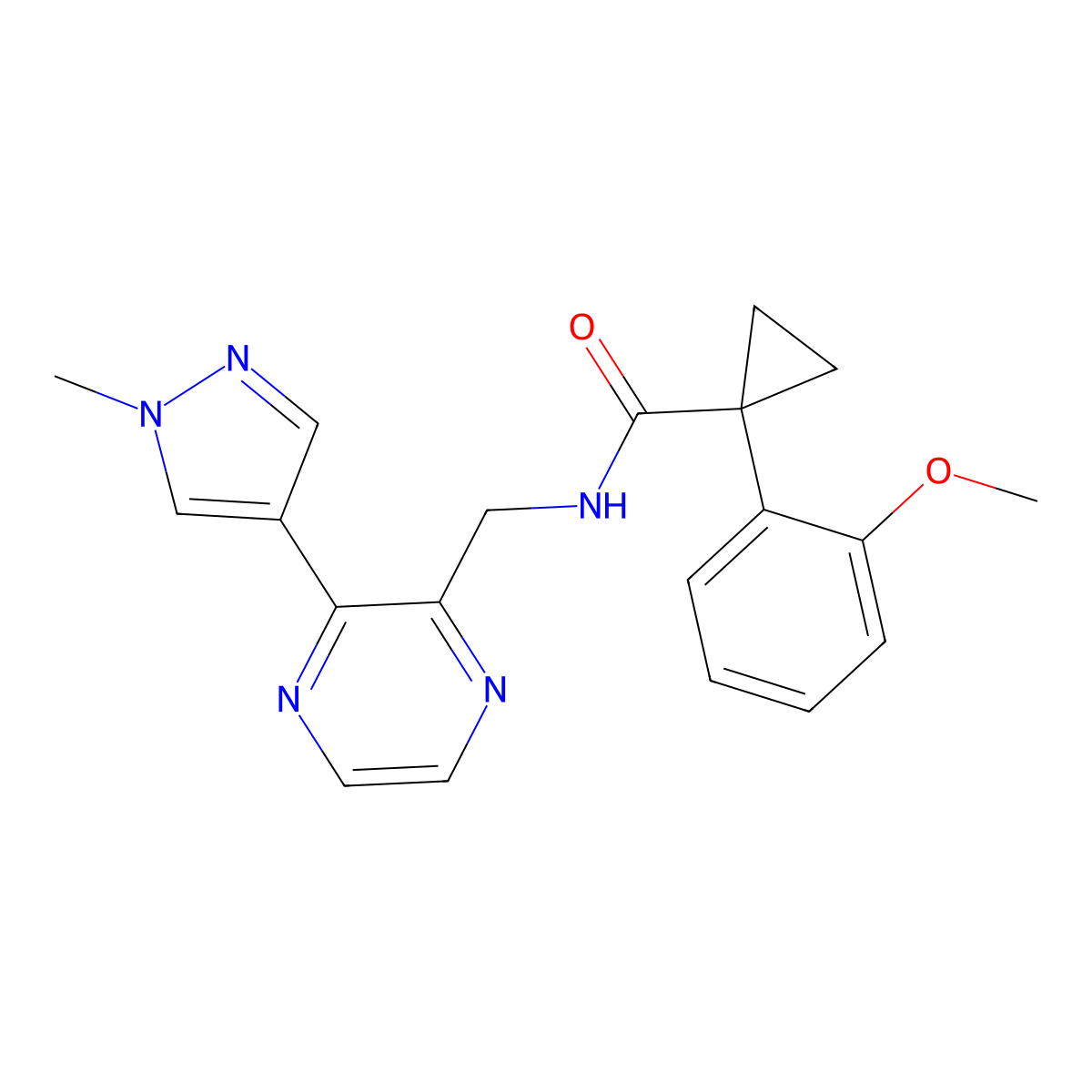 1-(2-methoxyphenyl)-N-((3-(1-methyl-1H-pyrazol-4-yl)pyrazin-2-yl)methyl)cyclopropanecarboxamide molecular structure, CAS 2034614-08-7