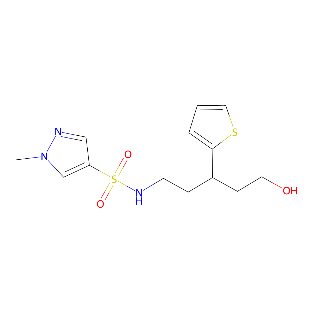 N-[5-hydroxy-3-(thiophen-2-yl)pentyl]-1-methyl-1H-pyrazole-4-sulfonamide molecular structure, CAS 2034614-10-1
