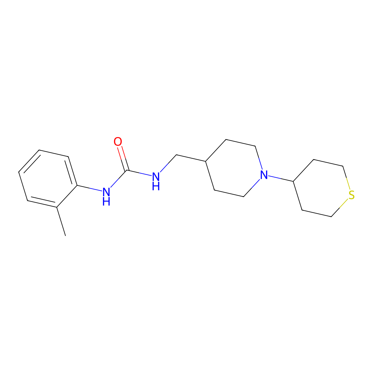 1-((1-(tetrahydro-2H-thiopyran-4-yl)piperidin-4-yl)methyl)-3-(o-tolyl)urea molecular structure, CAS 2034614-11-2
