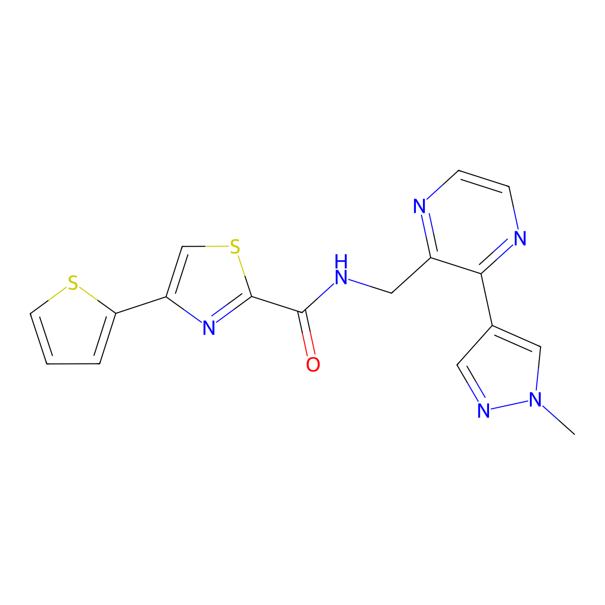 N-((3-(1-methyl-1H-pyrazol-4-yl)pyrazin-2-yl)methyl)-4-(thiophen-2-yl)thiazole-2-carboxamide molecular structure, CAS 2034614-15-6