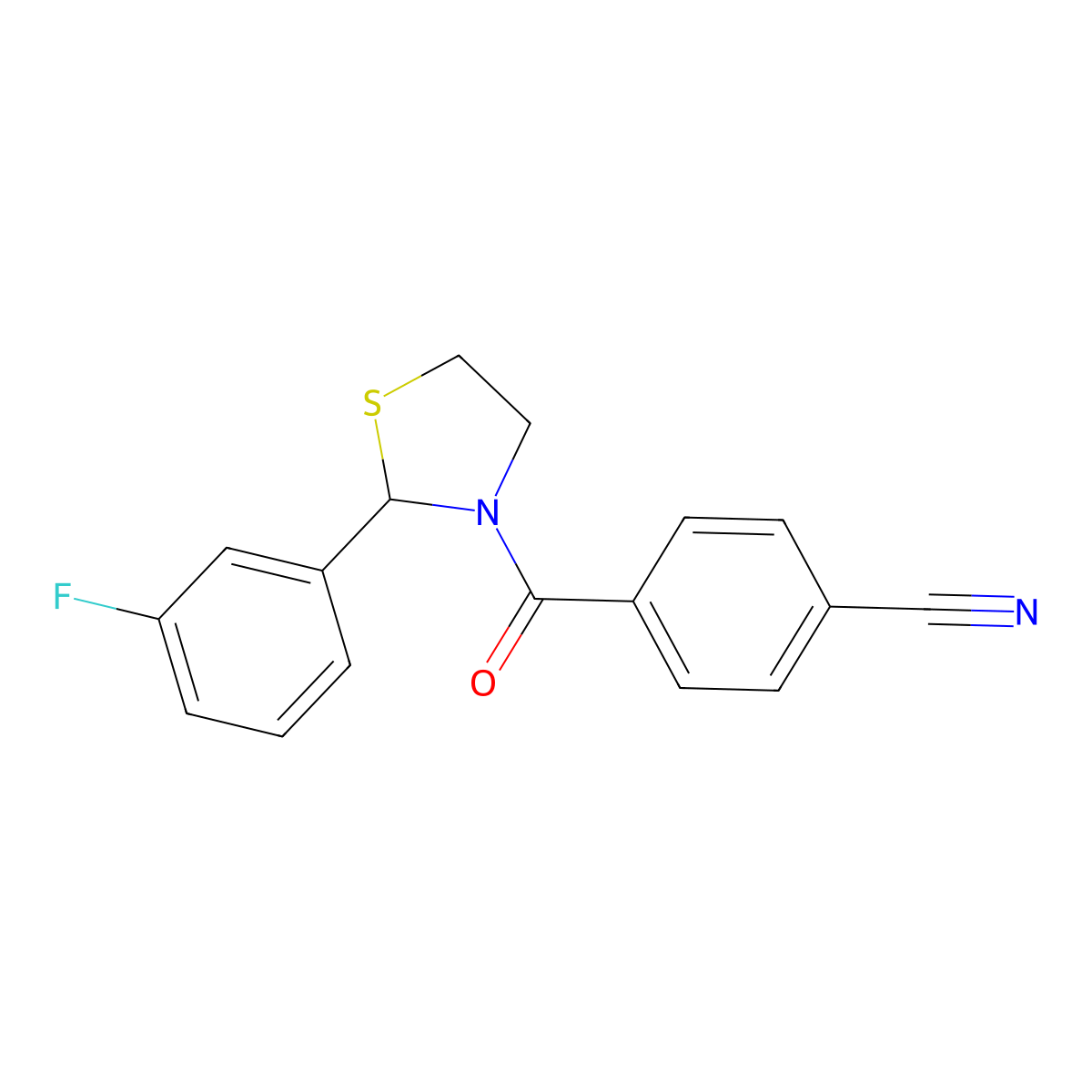4-(2-(3-Fluorophenyl)thiazolidine-3-carbonyl)benzonitrile molecular structure, CAS 2034614-27-0