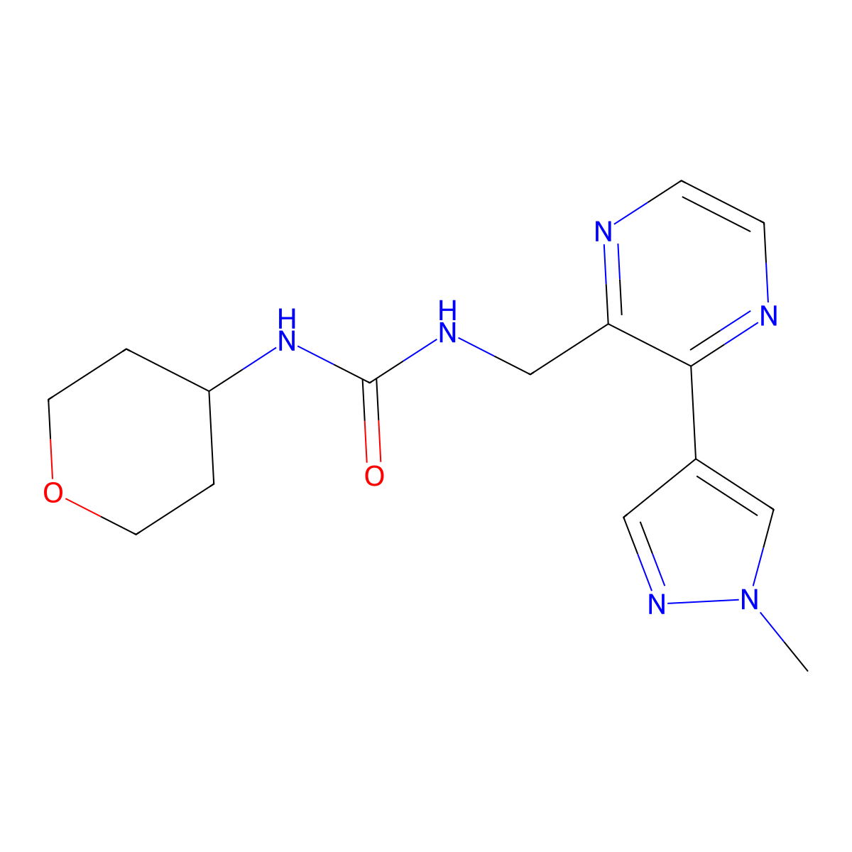 1-((3-(1-methyl-1H-pyrazol-4-yl)pyrazin-2-yl)methyl)-3-(tetrahydro-2H-pyran-4-yl)urea molecular structure, CAS 2034614-29-2