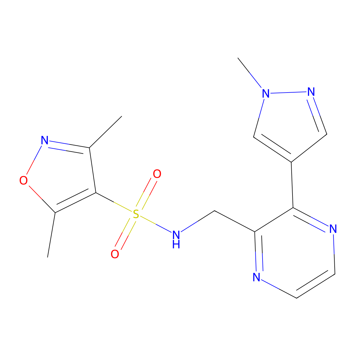 3,5-dimethyl-N-((3-(1-methyl-1H-pyrazol-4-yl)pyrazin-2-yl)methyl)isoxazole-4-sulfonamide molecular structure, CAS 2034614-37-2