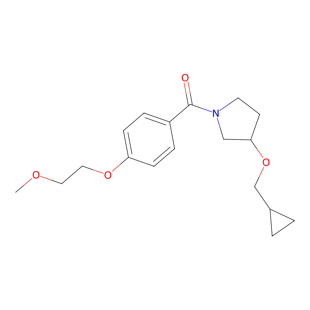 (3-(Cyclopropylmethoxy)pyrrolidin-1-yl)(4-(2-methoxyethoxy)phenyl)methanone molecular structure, CAS 2034614-41-8