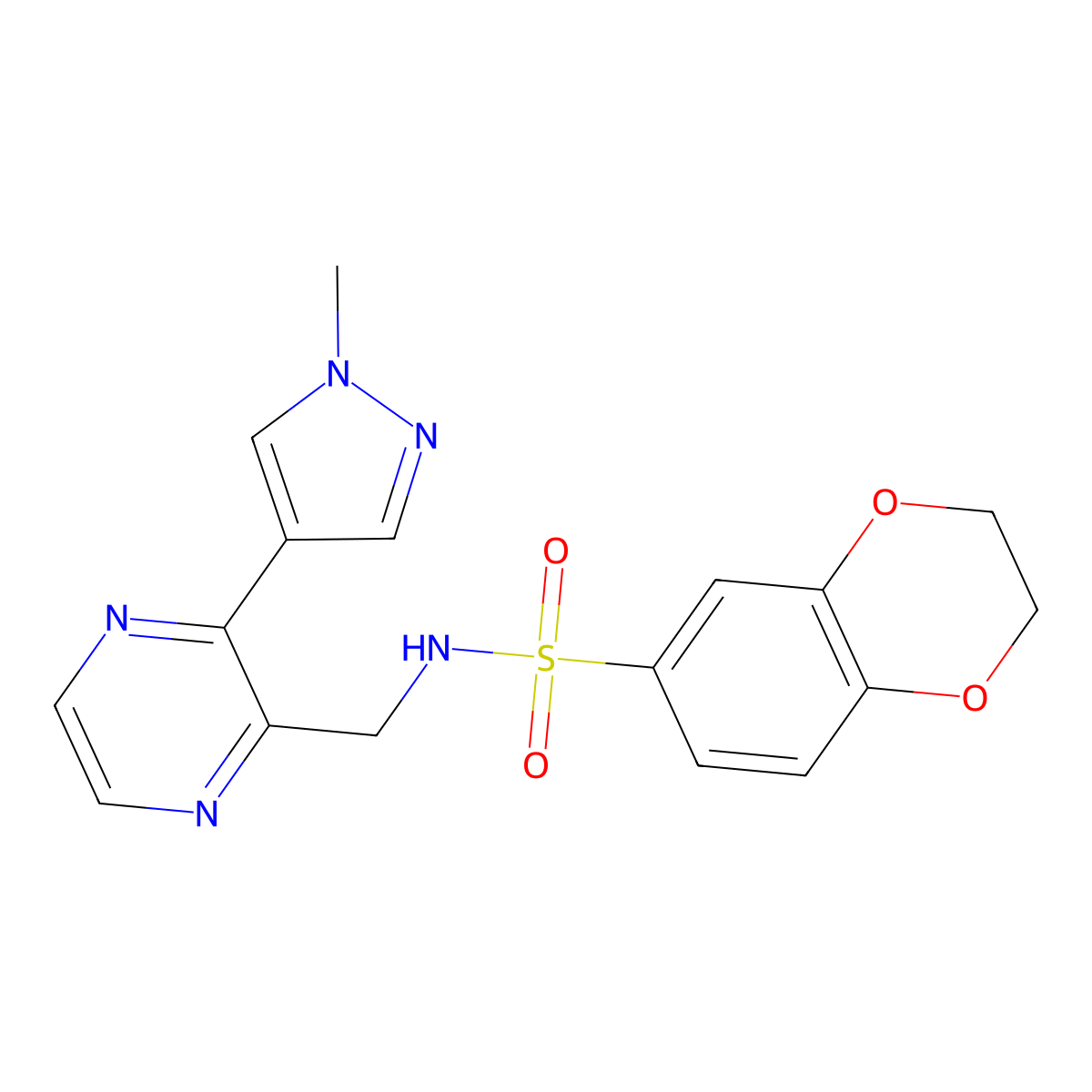 N-((3-(1-methyl-1H-pyrazol-4-yl)pyrazin-2-yl)methyl)-2,3-dihydrobenzo[b][1,4]dioxine-6-sulfonamide molecular structure, CAS 2034614-49-6