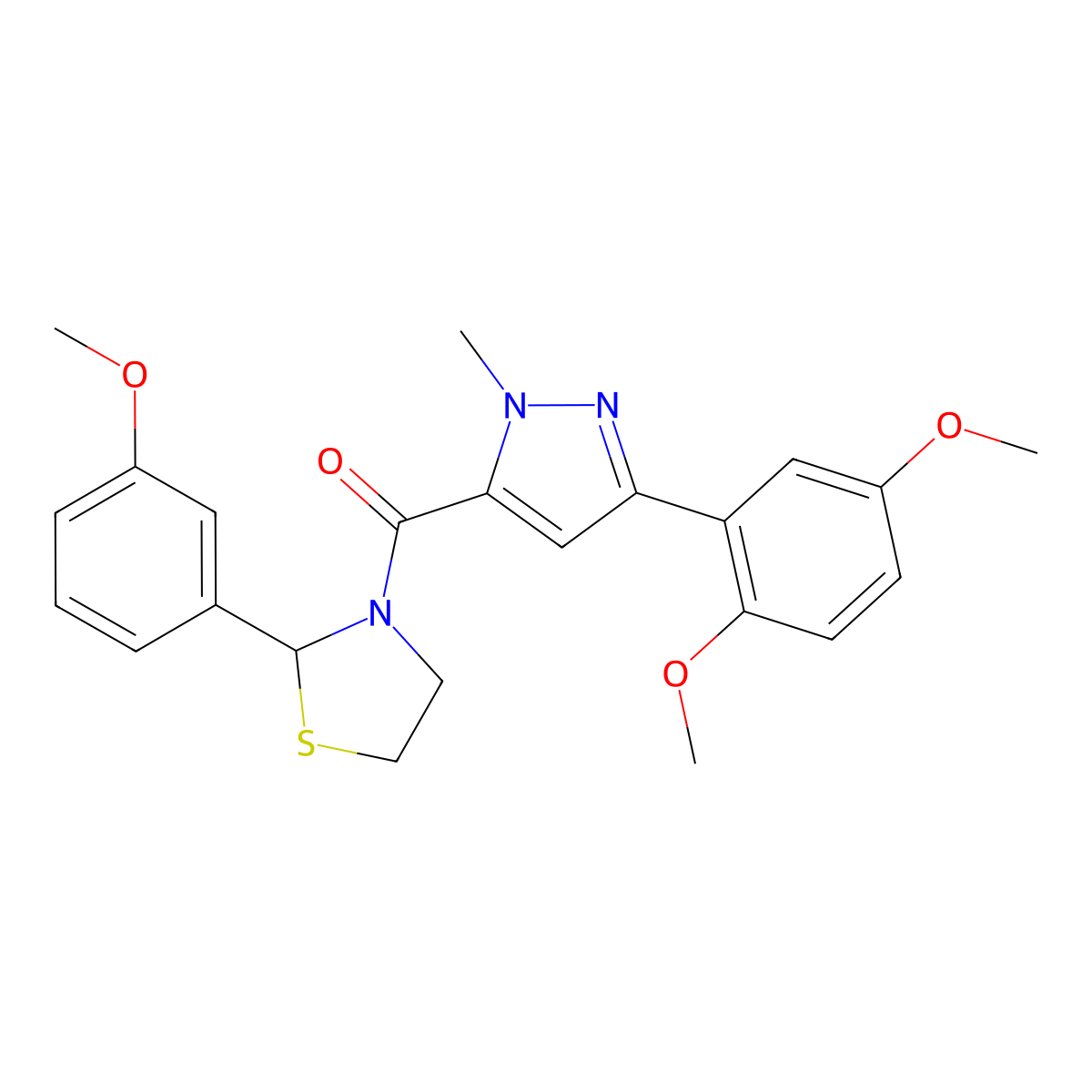 (3-(2,5-dimethoxyphenyl)-1-methyl-1H-pyrazol-5-yl)(2-(3-methoxyphenyl)thiazolidin-3-yl)methanone molecular structure, CAS 2034614-55-4