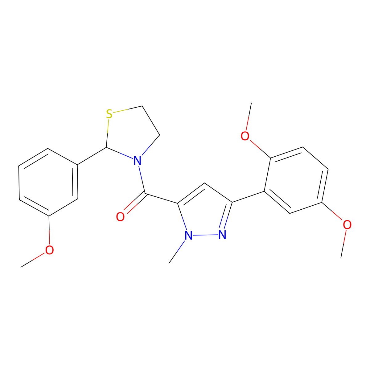 (3-(2,5-dimethoxyphenyl)-1-methyl-1H-pyrazol-5-yl)(2-(3-methoxyphenyl)thiazolidin-3-yl)methanone molecular structure, CAS 2034614-55-4