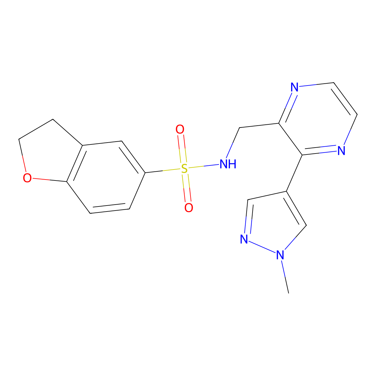 N-((3-(1-methyl-1H-pyrazol-4-yl)pyrazin-2-yl)methyl)-2,3-dihydrobenzofuran-5-sulfonamide molecular structure, CAS 2034614-64-5
