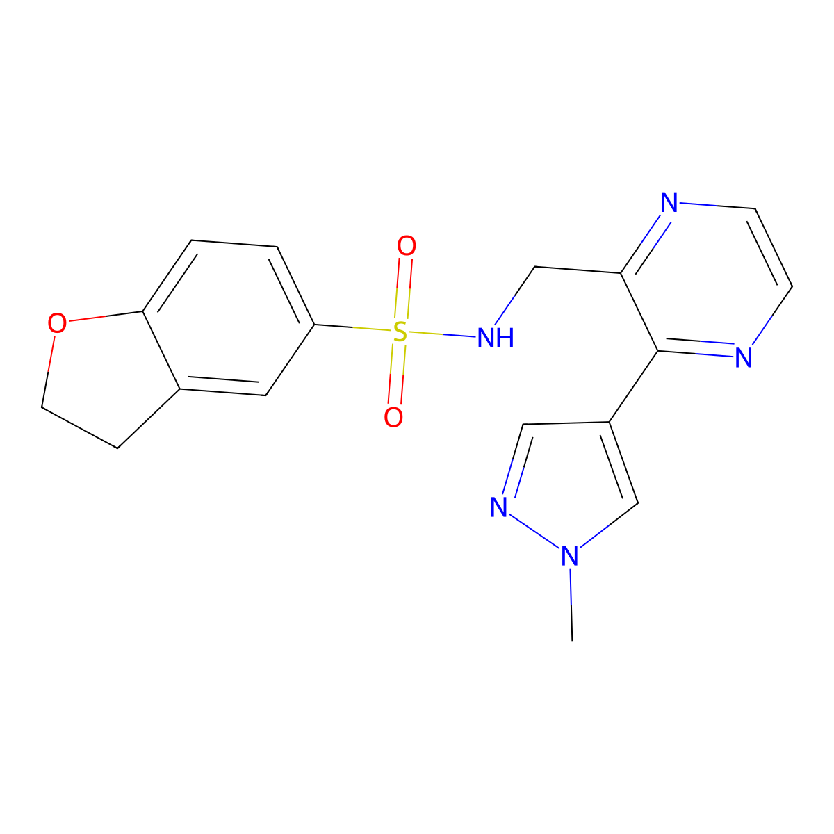 N-((3-(1-methyl-1H-pyrazol-4-yl)pyrazin-2-yl)methyl)-2,3-dihydrobenzofuran-5-sulfonamide molecular structure, CAS 2034614-64-5
