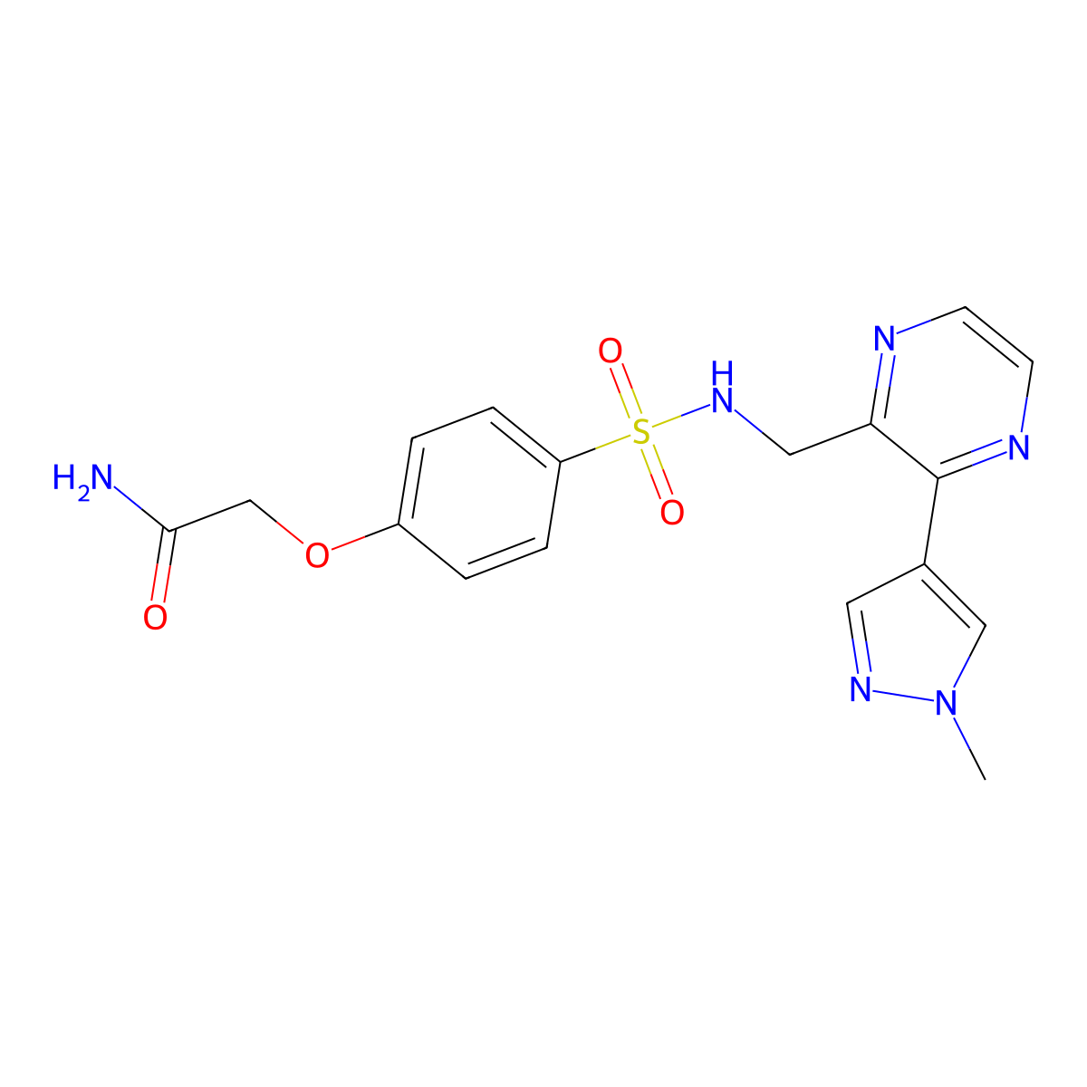 2-(4-(N-((3-(1-methyl-1H-pyrazol-4-yl)pyrazin-2-yl)methyl)sulfamoyl)phenoxy)acetamide molecular structure, CAS 2034614-66-7