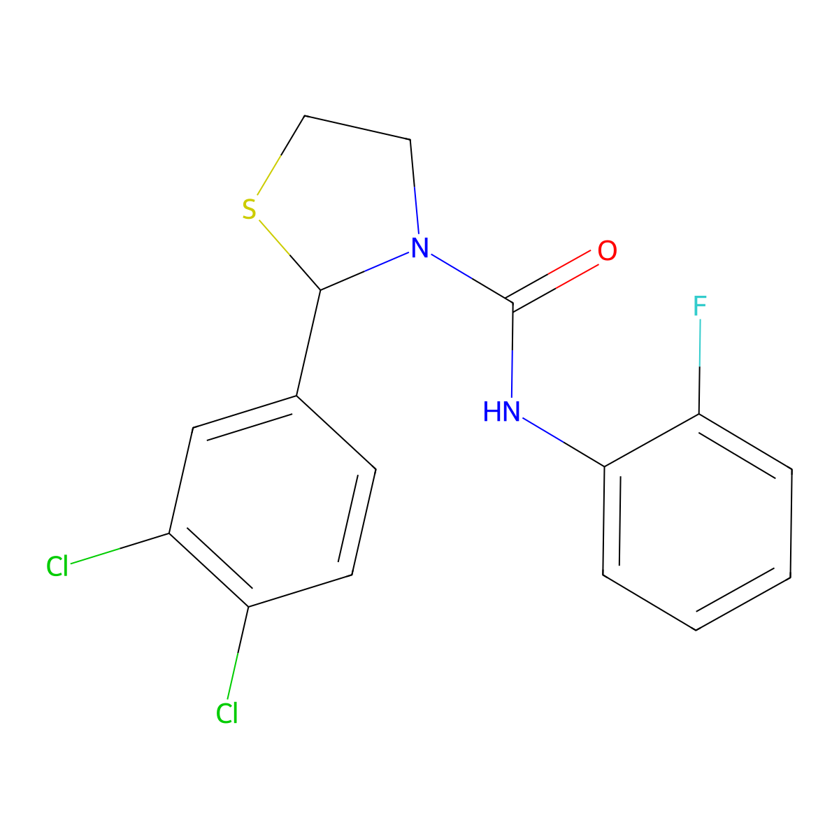 2-(3,4-dichlorophenyl)-N-(2-fluorophenyl)thiazolidine-3-carboxamide molecular structure, CAS 2034614-85-0