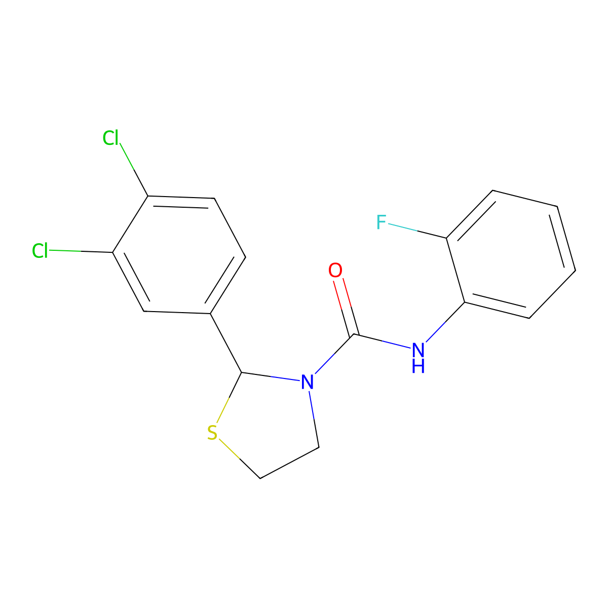 2-(3,4-dichlorophenyl)-N-(2-fluorophenyl)thiazolidine-3-carboxamide molecular structure, CAS 2034614-85-0