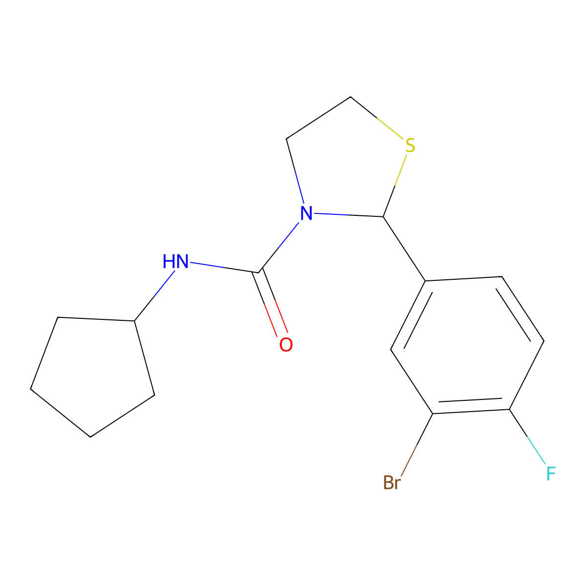 2-(3-bromo-4-fluorophenyl)-N-cyclopentylthiazolidine-3-carboxamide molecular structure, CAS 2034614-88-3