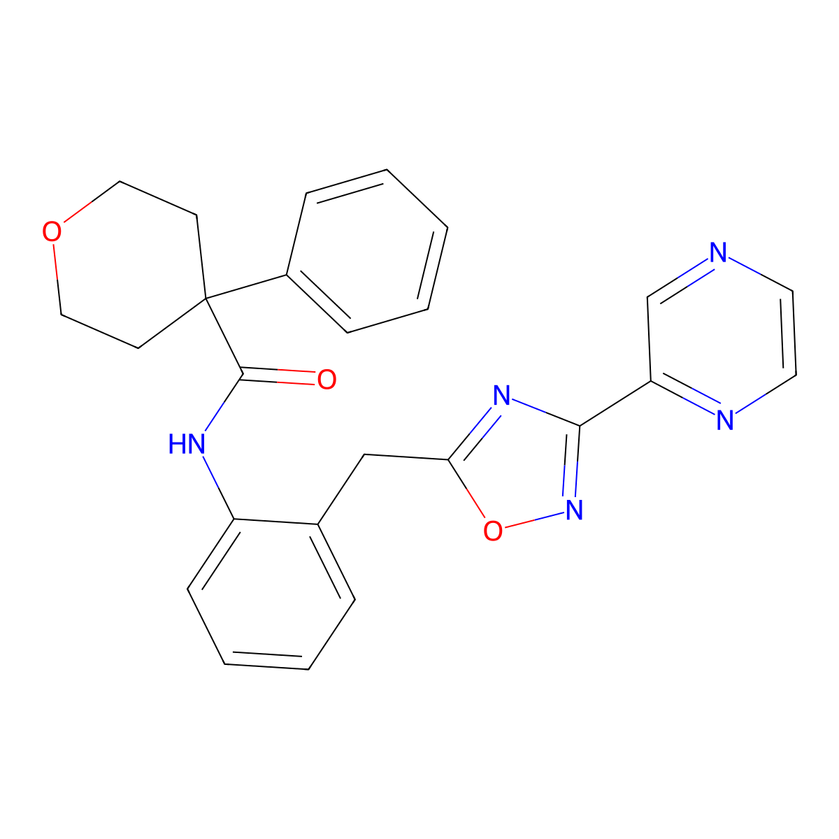 4-phenyl-N-(2-((3-(pyrazin-2-yl)-1,2,4-oxadiazol-5-yl)methyl)phenyl)tetrahydro-2H-pyran-4-carboxamide molecular structure, CAS 2034614-94-1