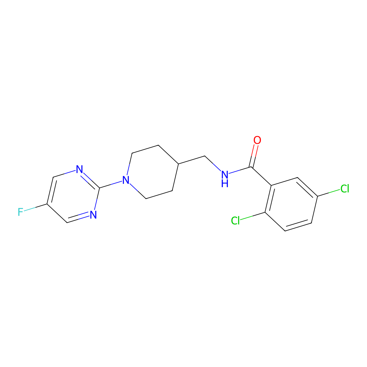 2,5-dichloro-N-((1-(5-fluoropyrimidin-2-yl)piperidin-4-yl)methyl)benzamide molecular structure, CAS 2034615-03-5