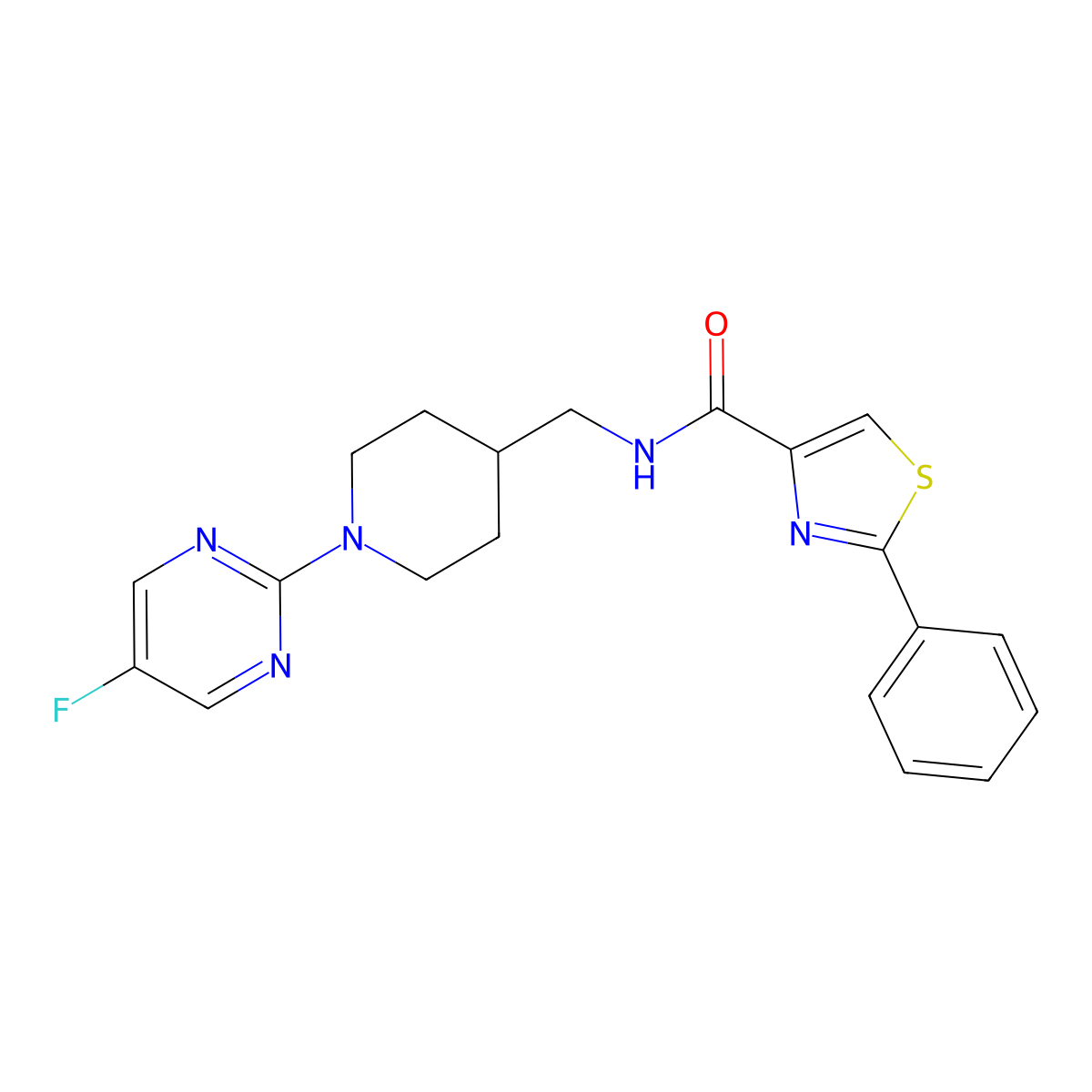 N-((1-(5-fluoropyrimidin-2-yl)piperidin-4-yl)methyl)-2-phenylthiazole-4-carboxamide molecular structure, CAS 2034615-09-1