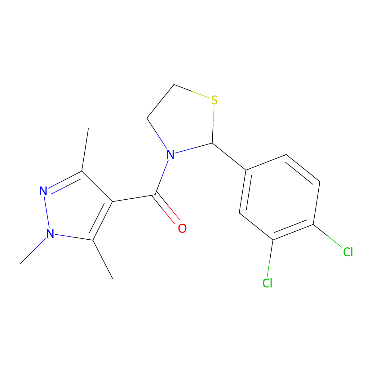 (2-(3,4-dichlorophenyl)thiazolidin-3-yl)(1,3,5-trimethyl-1H-pyrazol-4-yl)methanone molecular structure, CAS 2034615-12-6