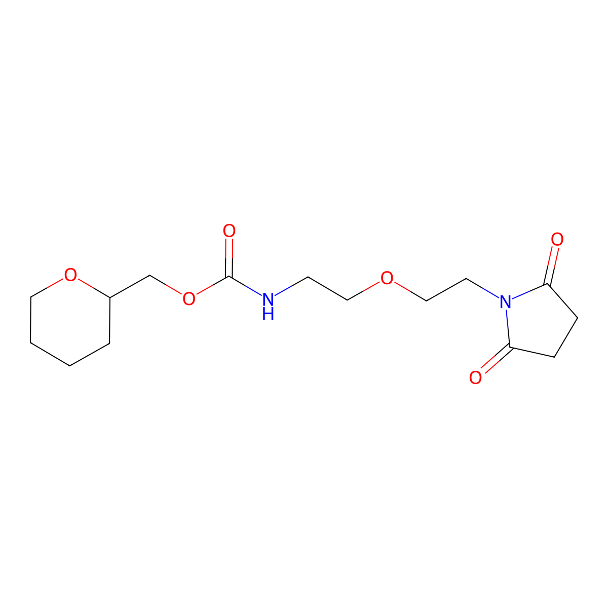 (tetrahydro-2H-pyran-2-yl)methyl (2-(2-(2,5-dioxopyrrolidin-1-yl)ethoxy)ethyl)carbamate molecular structure, CAS 2034615-27-3