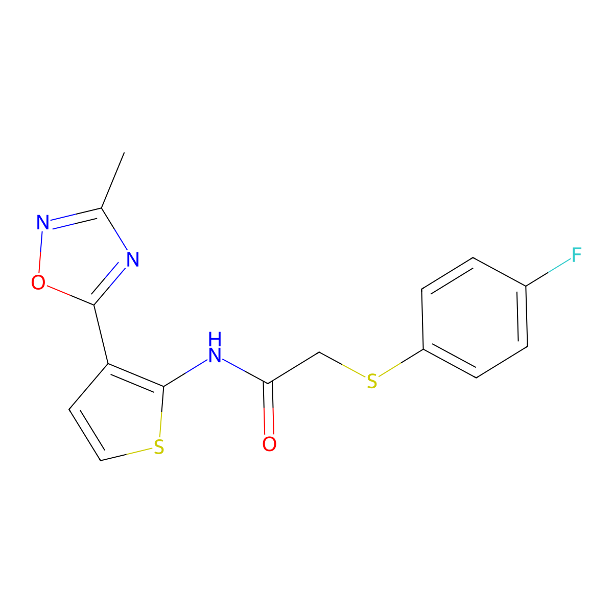 2-((4-fluorophenyl)thio)-N-(3-(3-methyl-1,2,4-oxadiazol-5-yl)thiophen-2-yl)acetamide molecular structure, CAS 2034615-40-0