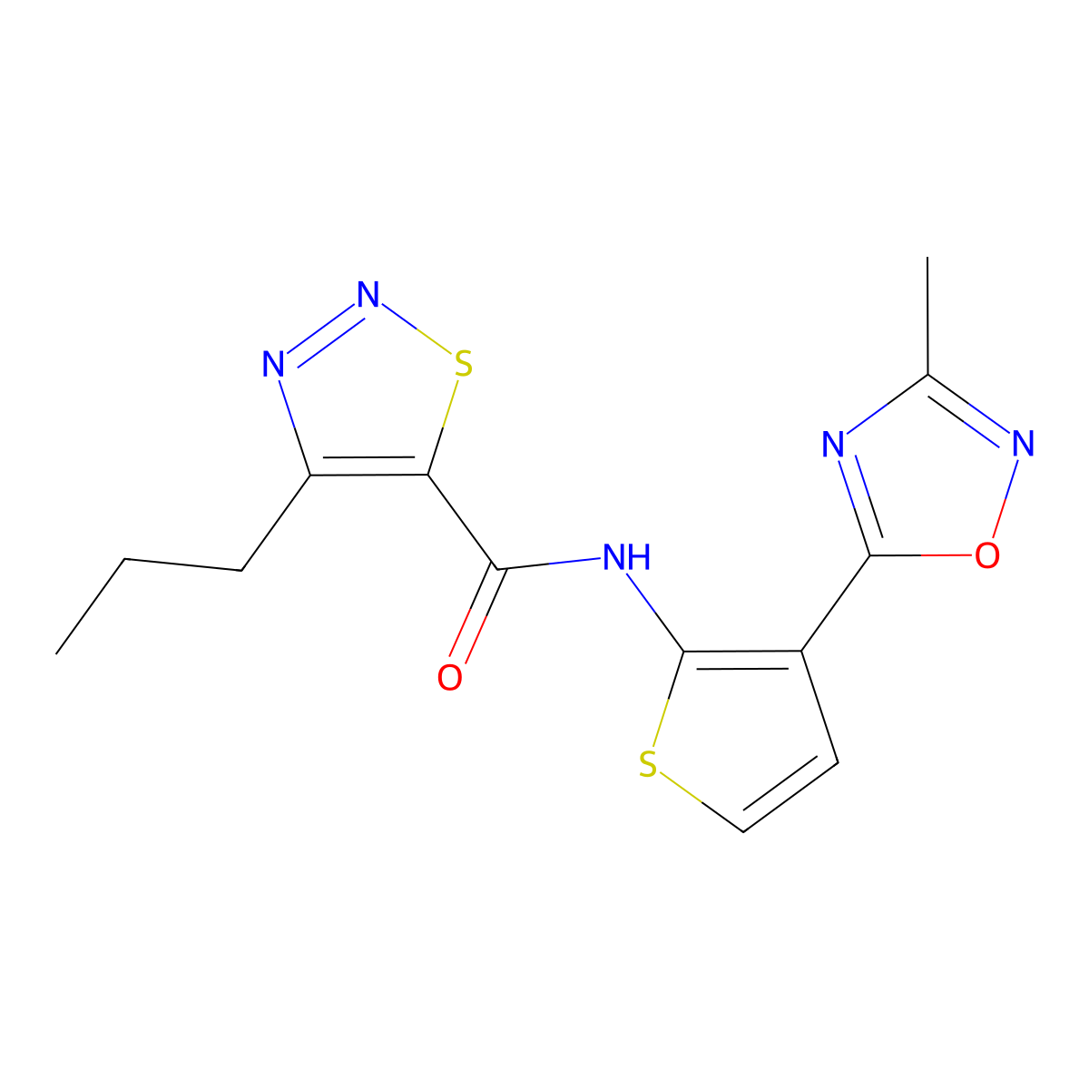 N-(3-(3-methyl-1,2,4-oxadiazol-5-yl)thiophen-2-yl)-4-propyl-1,2,3-thiadiazole-5-carboxamide molecular structure, CAS 2034615-43-3