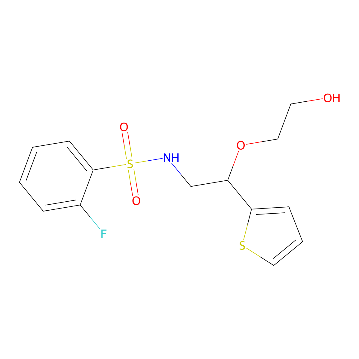 2-fluoro-N-(2-(2-hydroxyethoxy)-2-(thiophen-2-yl)ethyl)benzenesulfonamide molecular structure, CAS 2034615-48-8