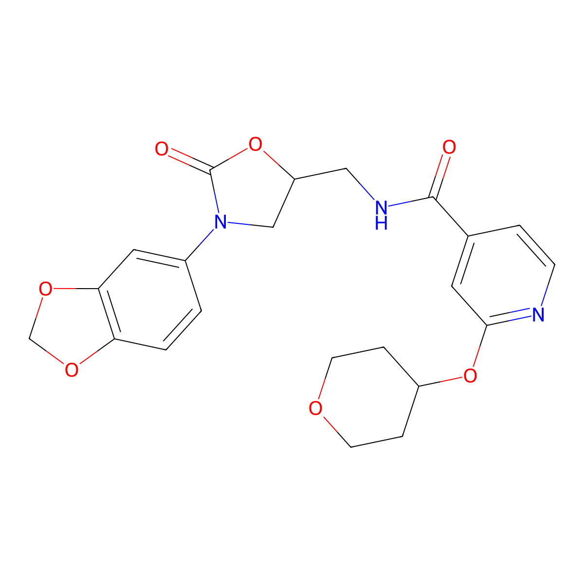 N-((3-(benzo[d][1,3]dioxol-5-yl)-2-oxooxazolidin-5-yl)methyl)-2-((tetrahydro-2H-pyran-4-yl)oxy)isonicotinamide molecular structure, CAS 2034615-84-2