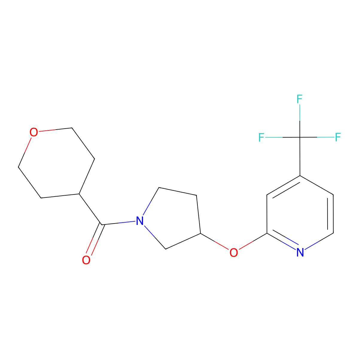 (tetrahydro-2H-pyran-4-yl)(3-((4-(trifluoromethyl)pyridin-2-yl)oxy)pyrrolidin-1-yl)methanone molecular structure, CAS 2034615-90-0