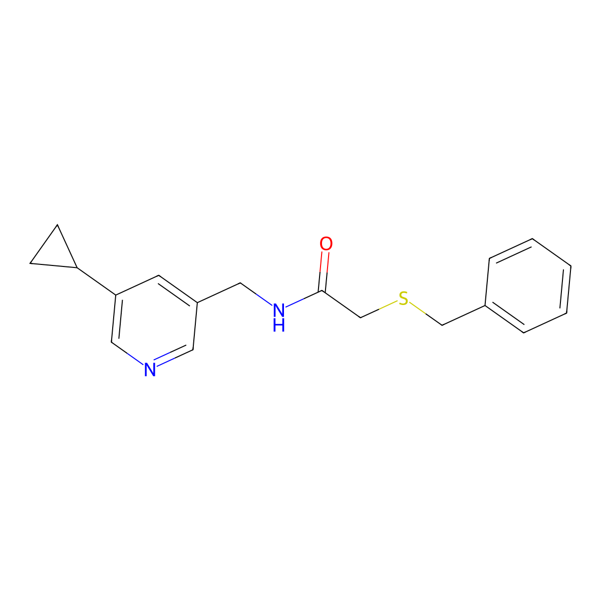 2-(benzylthio)-N-((5-cyclopropylpyridin-3-yl)methyl)acetamide molecular structure, CAS 2034615-92-2