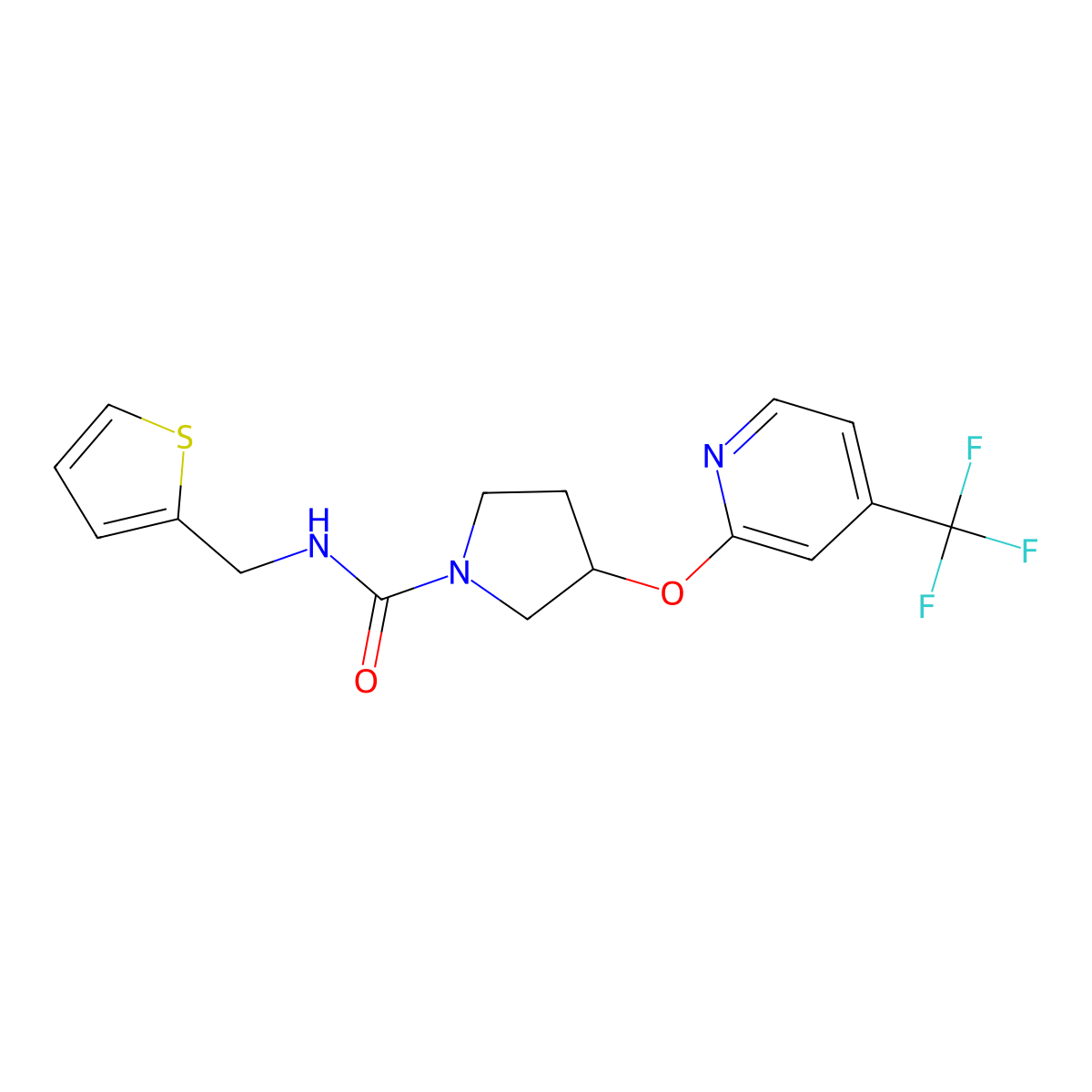 N-(thiophen-2-ylmethyl)-3-((4-(trifluoromethyl)pyridin-2-yl)oxy)pyrrolidine-1-carboxamide molecular structure, CAS 2034615-93-3