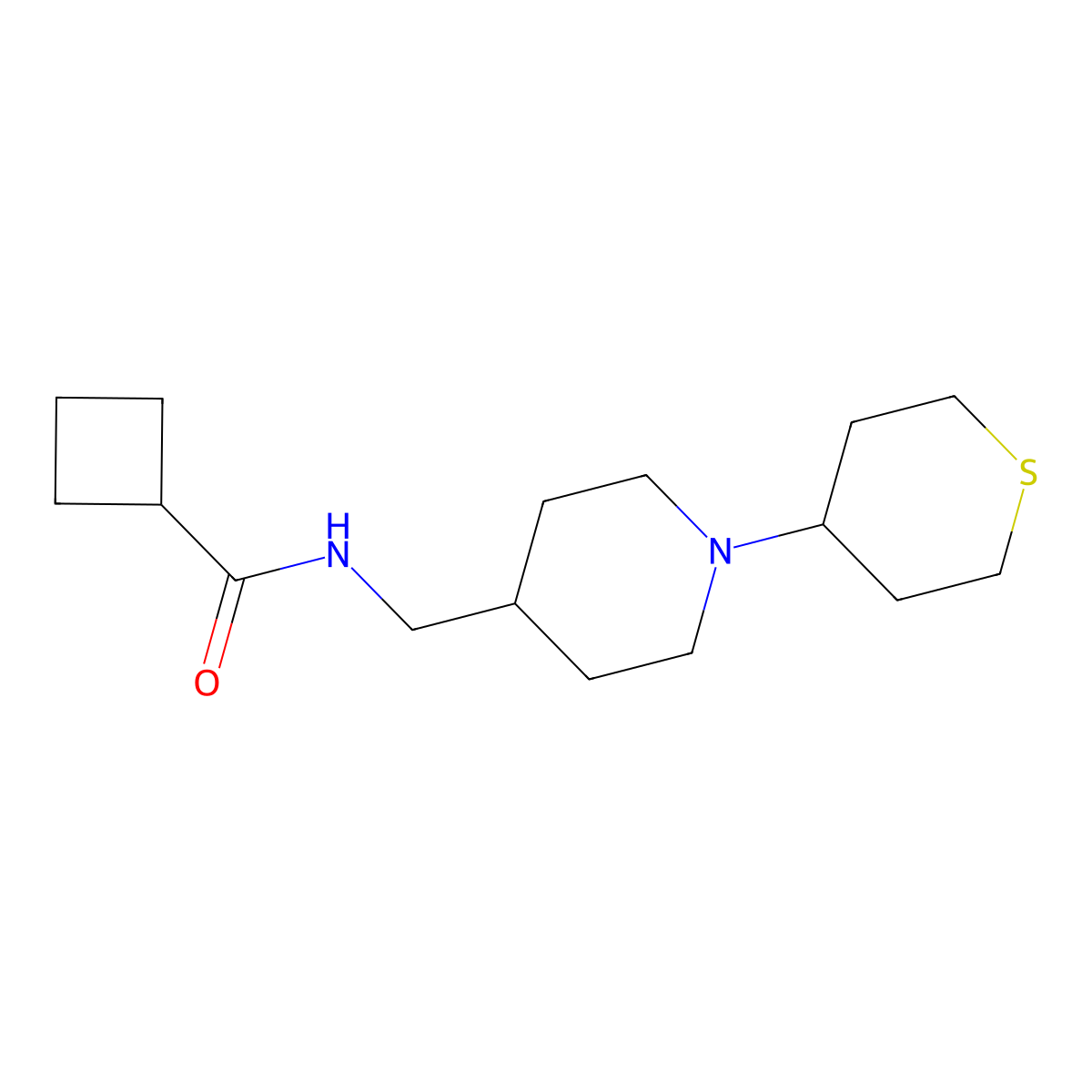 N-((1-(tetrahydro-2H-thiopyran-4-yl)piperidin-4-yl)methyl)cyclobutanecarboxamide molecular structure, CAS 2034616-01-6