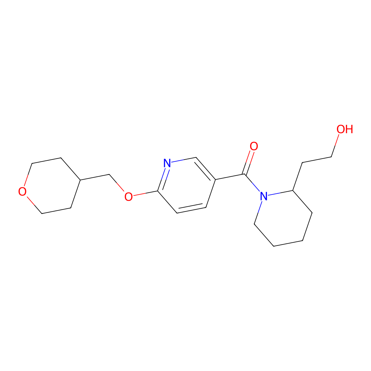 (2-(2-hydroxyethyl)piperidin-1-yl)(6-((tetrahydro-2H-pyran-4-yl)methoxy)pyridin-3-yl)methanone molecular structure, CAS 2034616-03-8