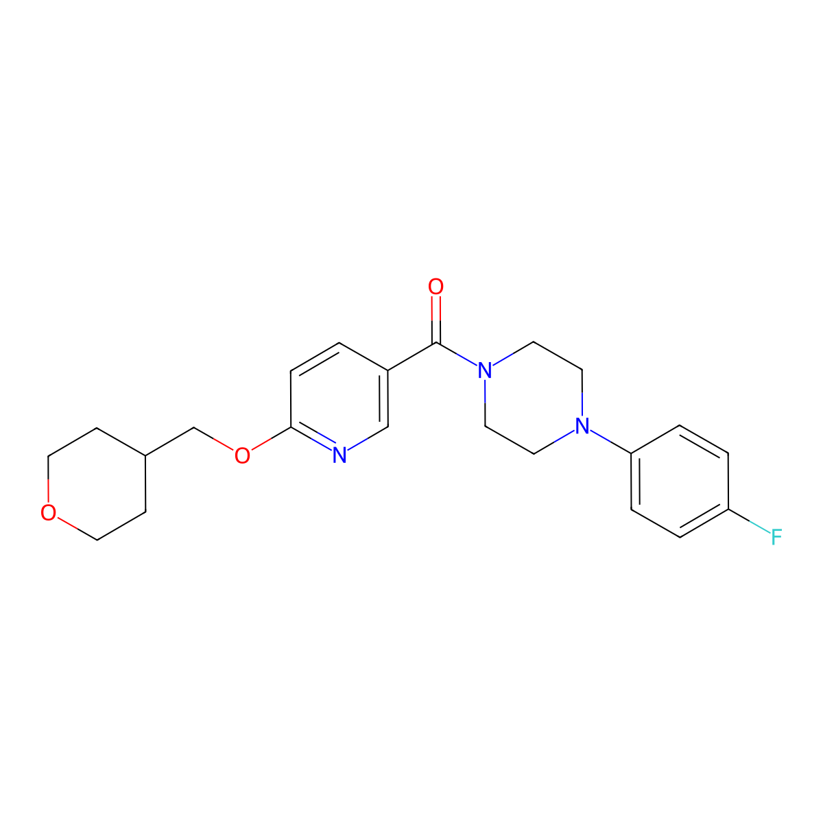 (4-(4-fluorophenyl)piperazin-1-yl)(6-((tetrahydro-2H-pyran-4-yl)methoxy)pyridin-3-yl)methanone molecular structure, CAS 2034616-06-1