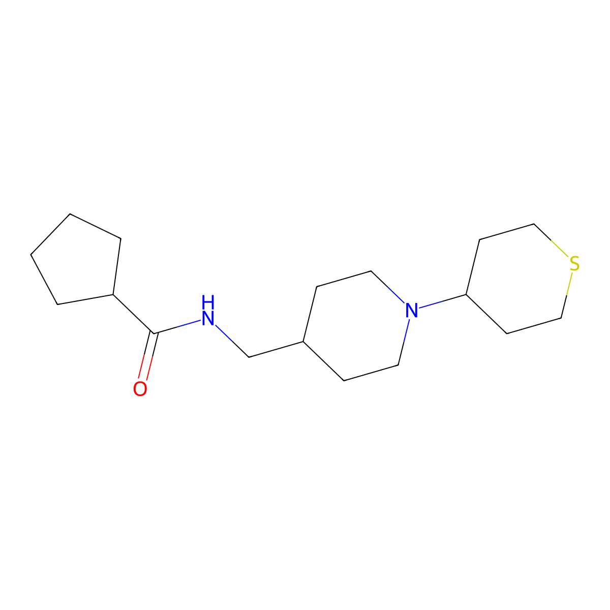 N-((1-(tetrahydro-2H-thiopyran-4-yl)piperidin-4-yl)methyl)cyclopentanecarboxamide molecular structure, CAS 2034616-12-9
