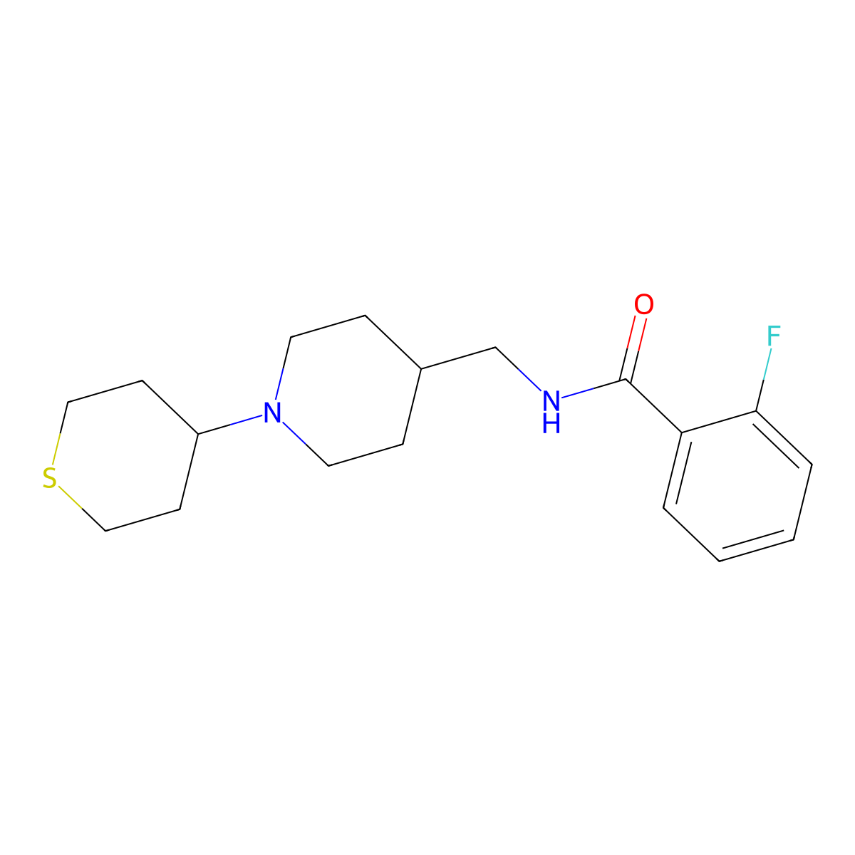2-fluoro-N-((1-(tetrahydro-2H-thiopyran-4-yl)piperidin-4-yl)methyl)benzamide molecular structure, CAS 2034616-18-5