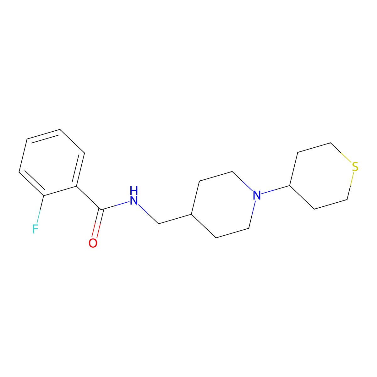 2-fluoro-N-((1-(tetrahydro-2H-thiopyran-4-yl)piperidin-4-yl)methyl)benzamide molecular structure, CAS 2034616-18-5