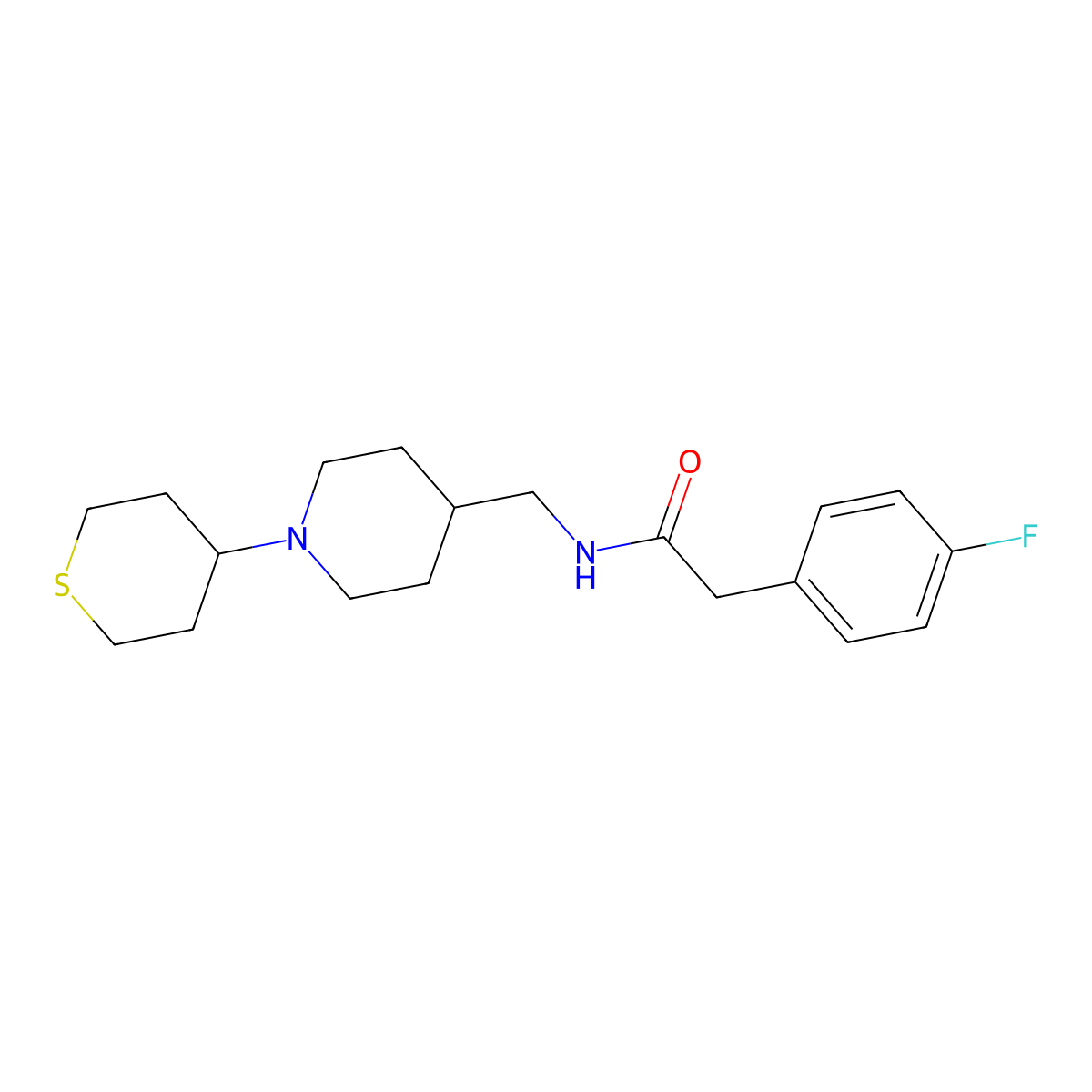 2-(4-fluorophenyl)-N-((1-(tetrahydro-2H-thiopyran-4-yl)piperidin-4-yl)methyl)acetamide molecular structure, CAS 2034616-25-4