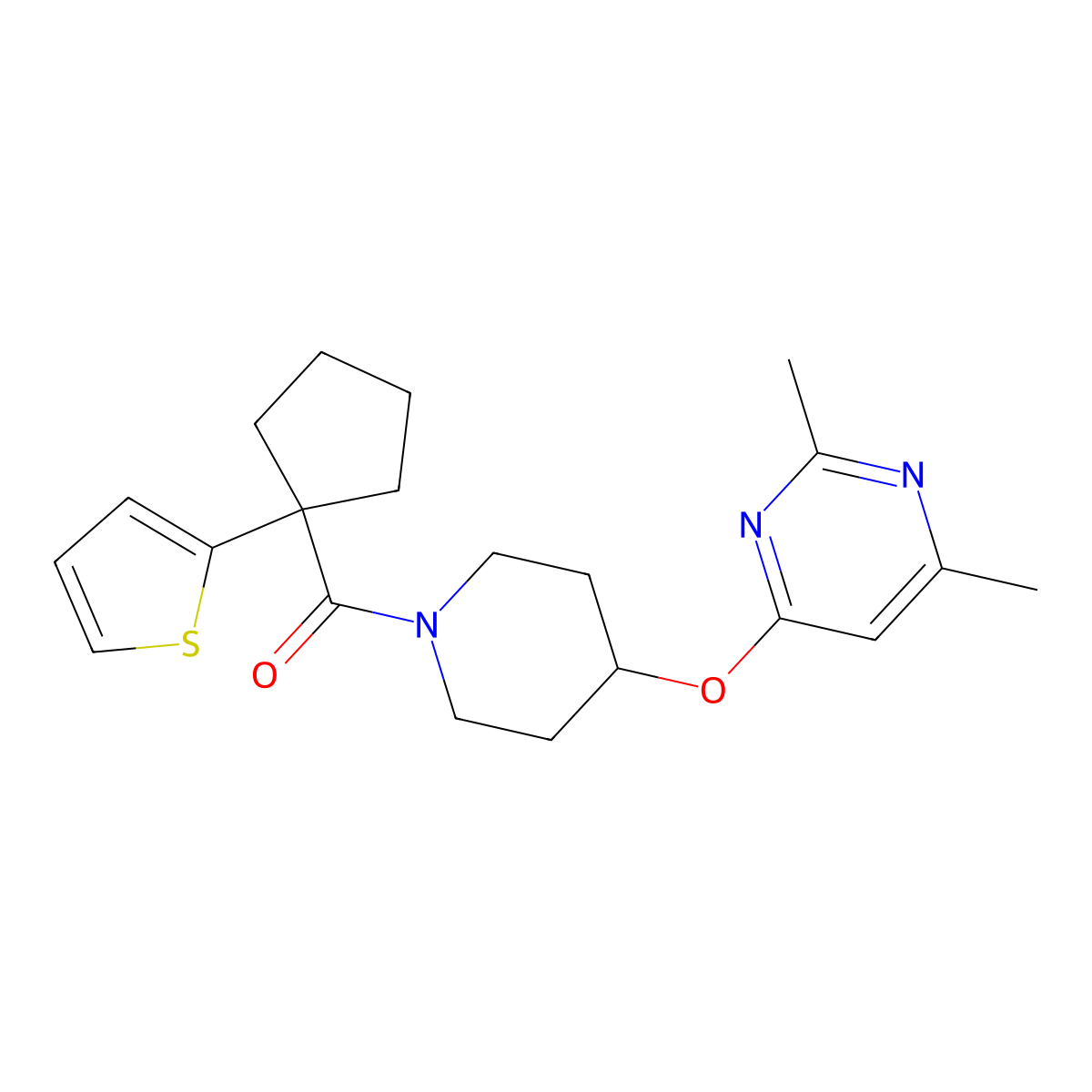 (4-((2,6-Dimethylpyrimidin-4-yl)oxy)piperidin-1-yl)(1-(thiophen-2-yl)cyclopentyl)methanone molecular structure, CAS 2034616-38-9